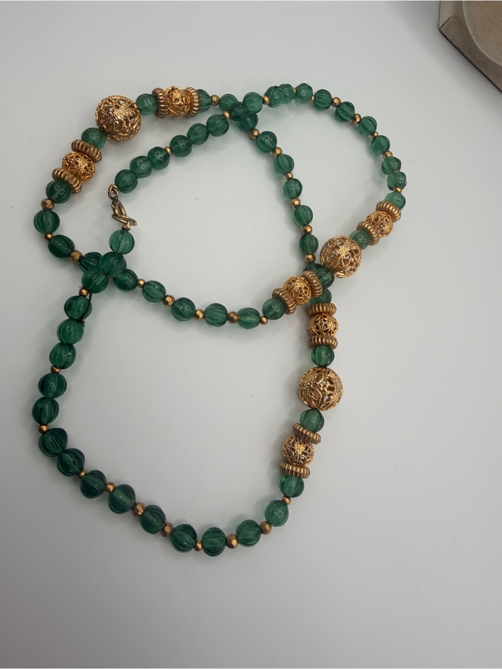 Elegant Green glass Bead Necklace with Gold Filigree Accents 26” long